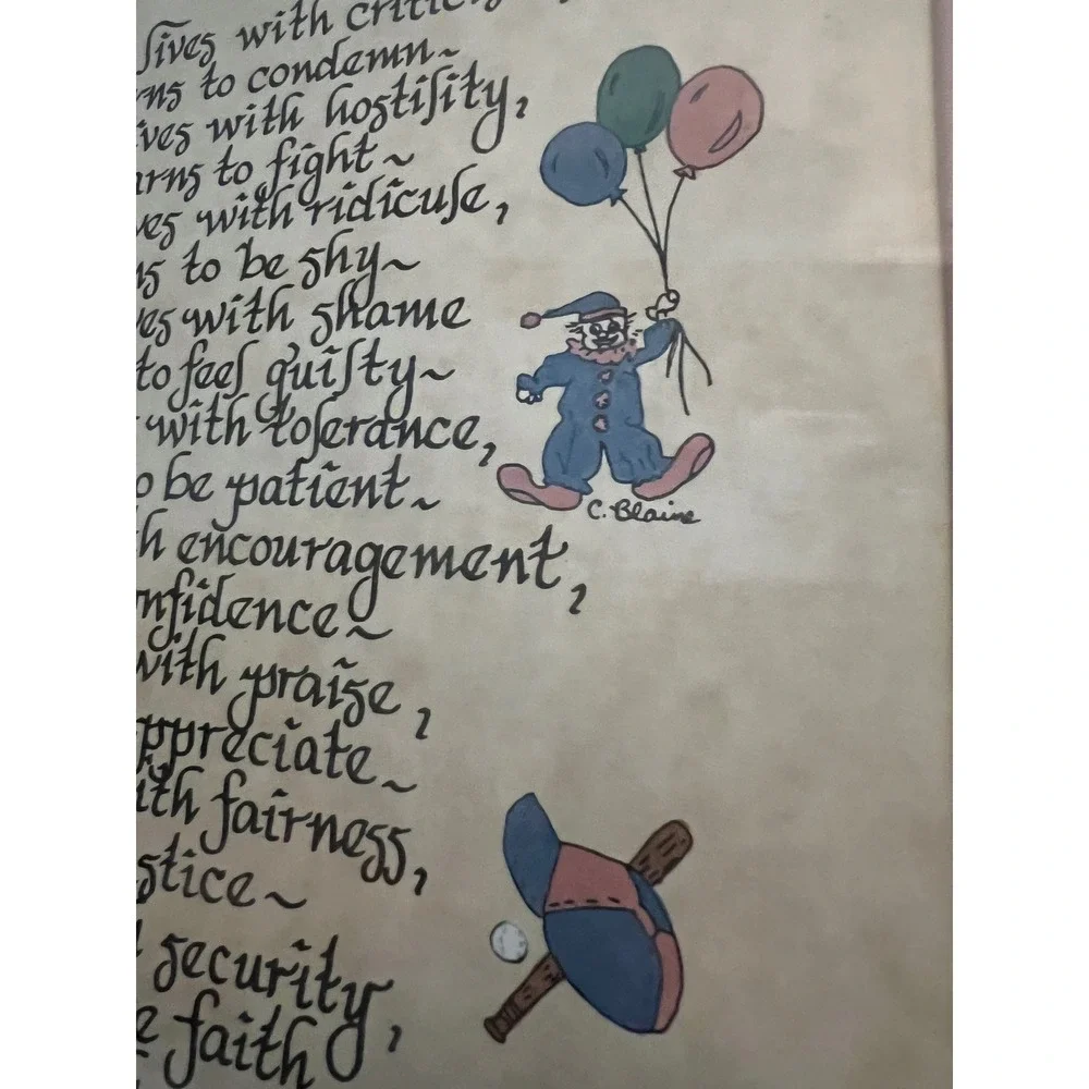 Vintage Children Learn What They Live Framed Calligraphy Poem C Blaine 1980s